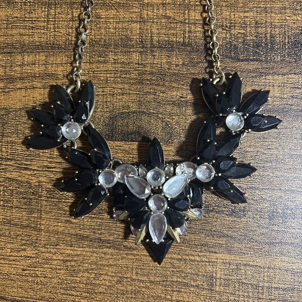 J. Crew Black Floral Bib Statement Necklace Antiqued Gold Tone Resin Crystal